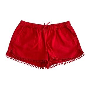 J.Crew Shorts Sz M Red Pom Pom Pull On Pockets Boho Hippie Beach Summer Comfort